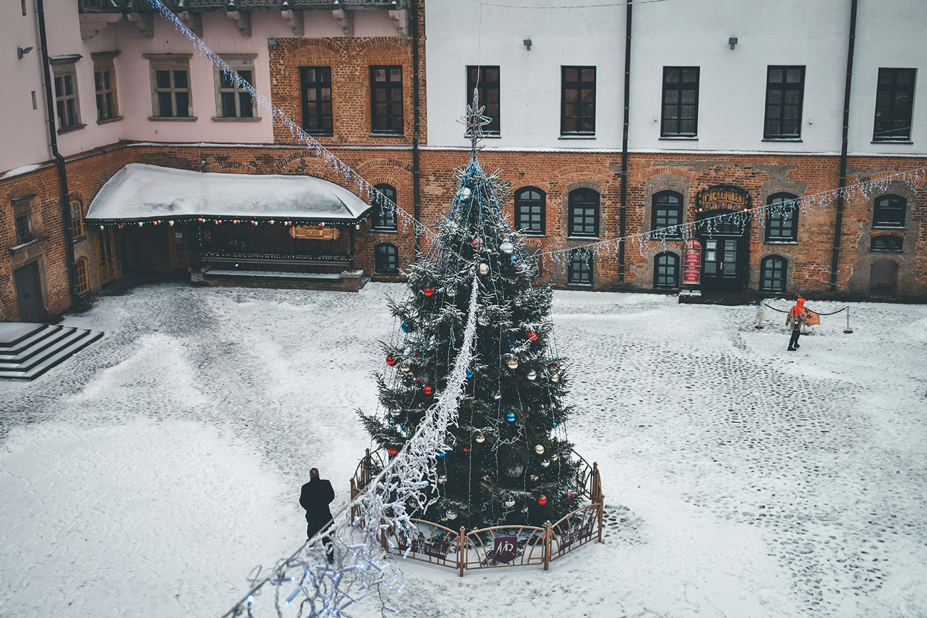 Christmas tree setup and decorated outside in the snow in Minsk, Belarus