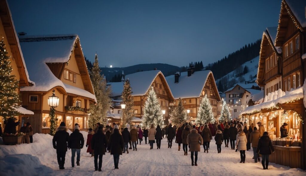 People walking a snow covered road surrounded by markets and Christmas trees.