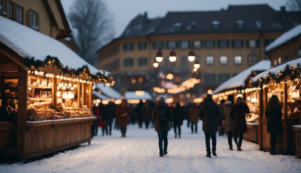 Christmas markets in a snow covered street.