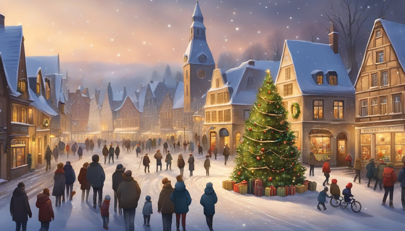 A snowy village square in Belgium, with a towering Christmas tree, festive decorations, and people enjoying traditional holiday treats and activities
