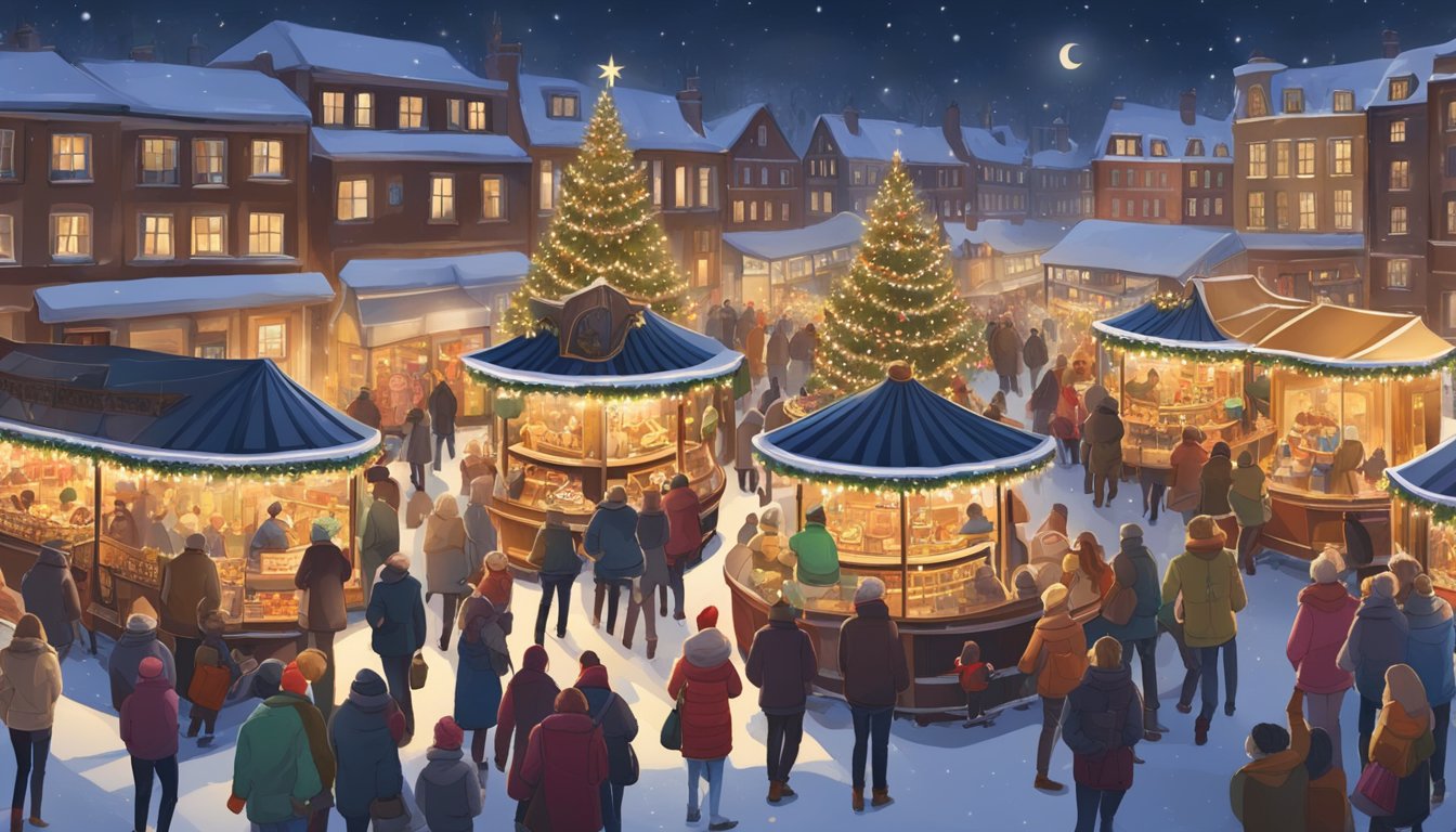 Bustling Christmas market with festive stalls, twinkling lights, and merry-go-round. People enjoy hot chocolate and waffles while listening to carolers