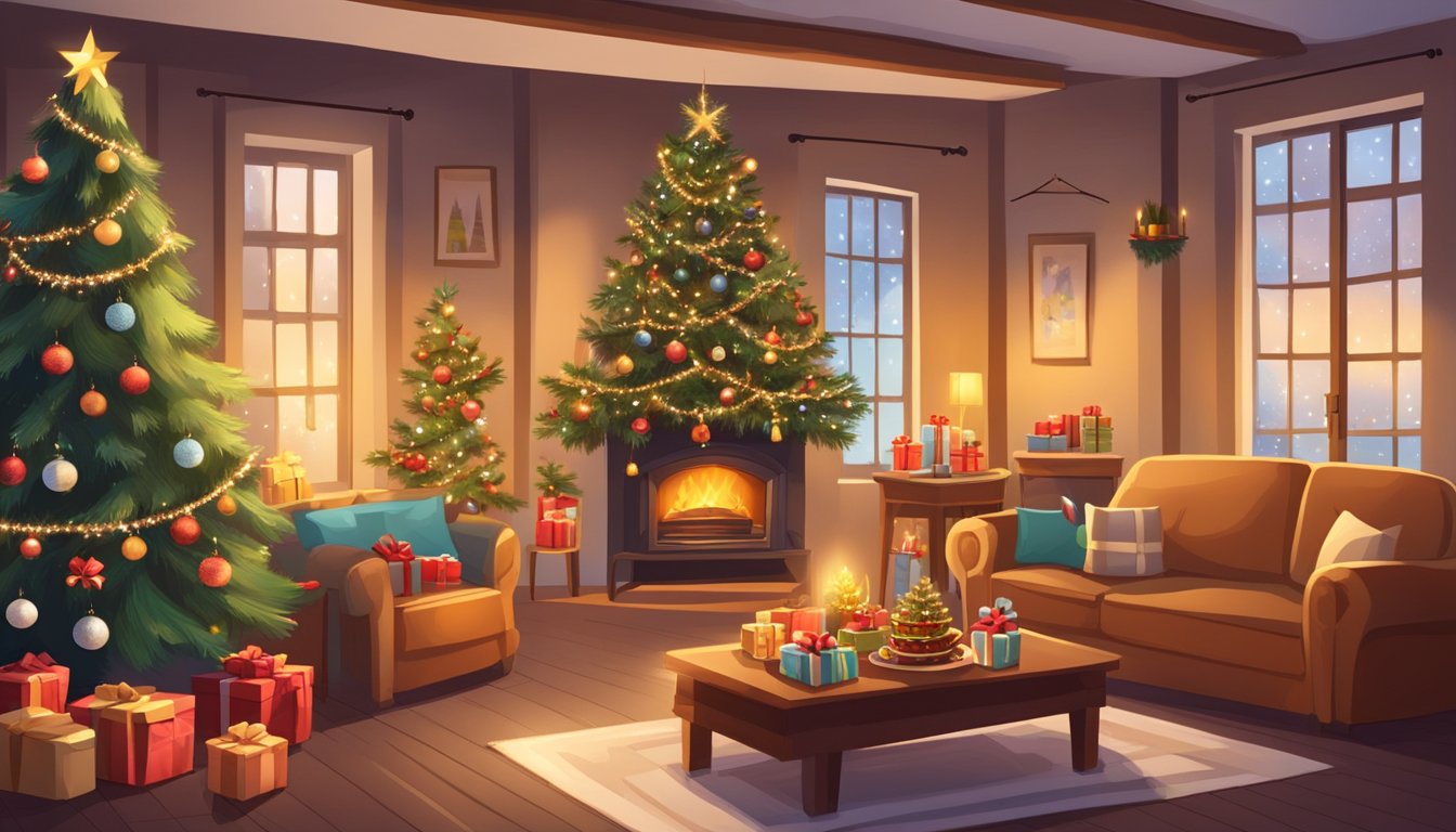 A cozy living room adorned with a Christmas tree, surrounded by gifts and traditional Belgian decorations. A table is set with festive dishes and drinks, while a warm fireplace crackles in the background