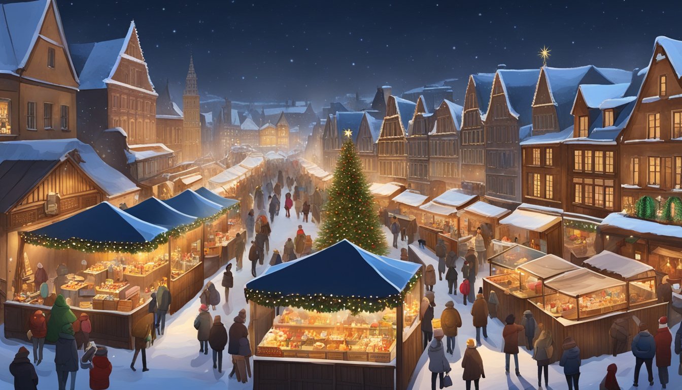 A cozy Christmas market in Belgium, with festive lights, wooden chalets, and a giant Christmas tree. Visitors gather to enjoy traditional holiday treats and browse through stalls filled with gifts and decorations