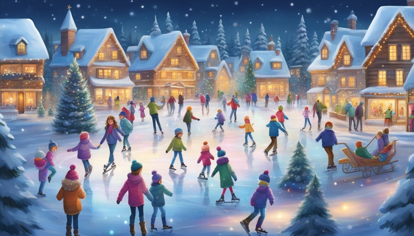 Children ice skating on a frozen pond, surrounded by snow-covered pine trees and a quaint village with colorful Christmas lights