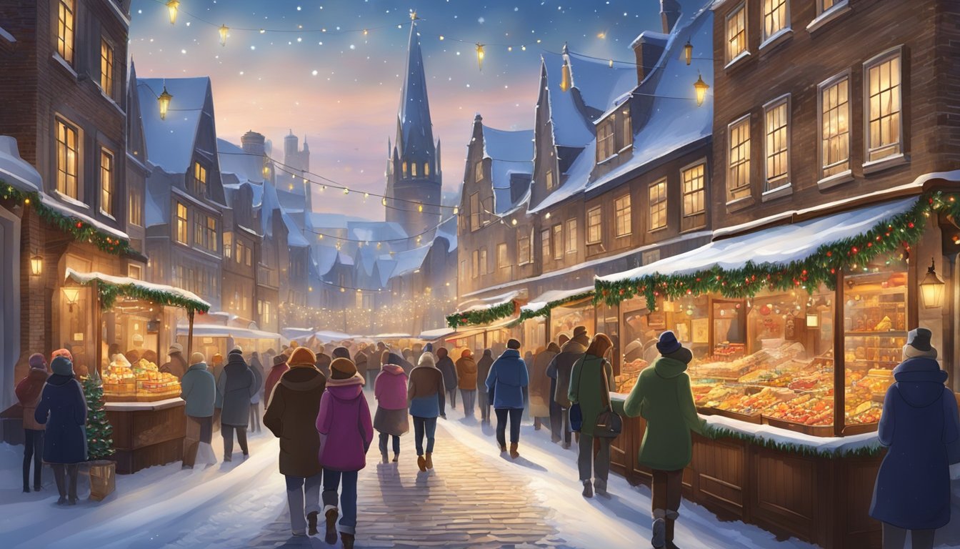 Snow-covered cobblestone streets, adorned with twinkling lights and festive decorations. A cozy Christmas market bustling with locals and tourists, offering traditional Belgian treats and crafts