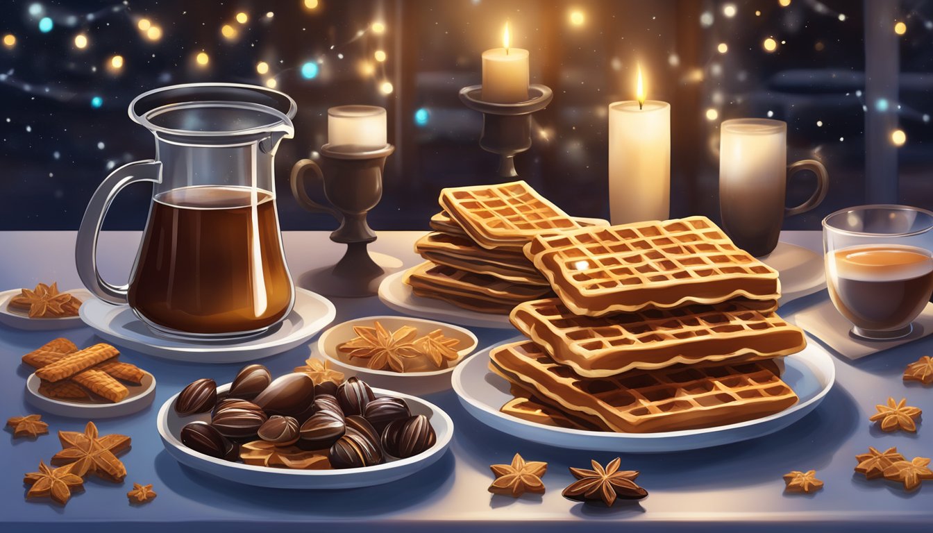 A table adorned with waffles, chocolates, and speculoos. A steaming pot of mussels and a glass of mulled wine. Twinkling lights and a hint of snow outside
