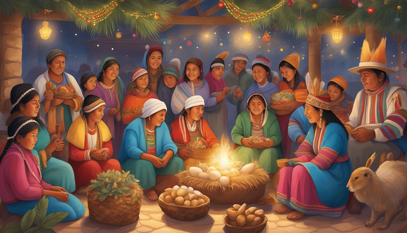 Bolivian families gather around a traditional nativity scene, adorned with indigenous Andean figures and vibrant textiles, as they celebrate Christmas with music, dance, and festive foods