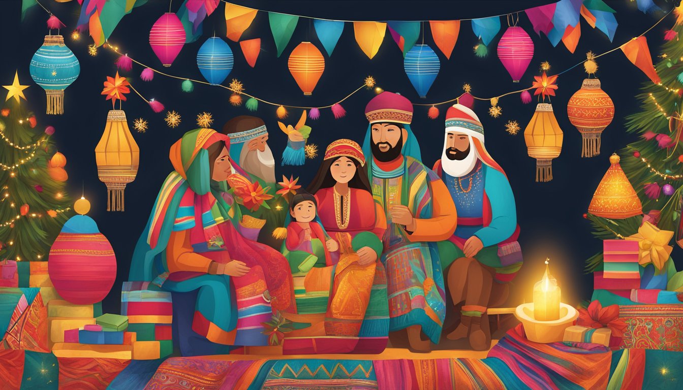A festive scene with traditional Bolivian Christmas decorations, including colorful paper lanterns, nativity scenes, and vibrant textiles