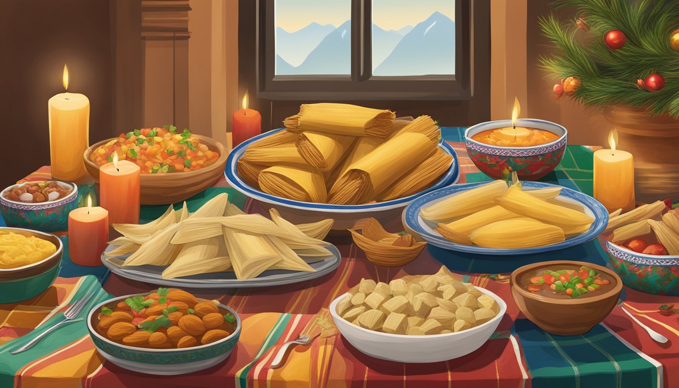 A table adorned with traditional Bolivian Christmas dishes, including tamales, picana, and buñuelos. Candles and festive decorations create a warm and inviting atmosphere