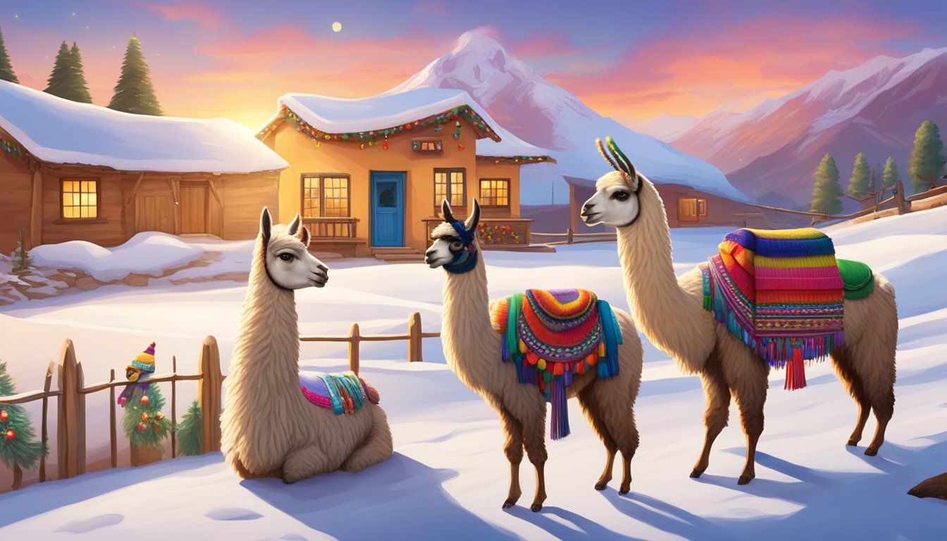 A family of llamas adorned with festive decorations stand in front of a traditional Bolivian adobe house, surrounded by snow-capped mountains and a vibrant sunset