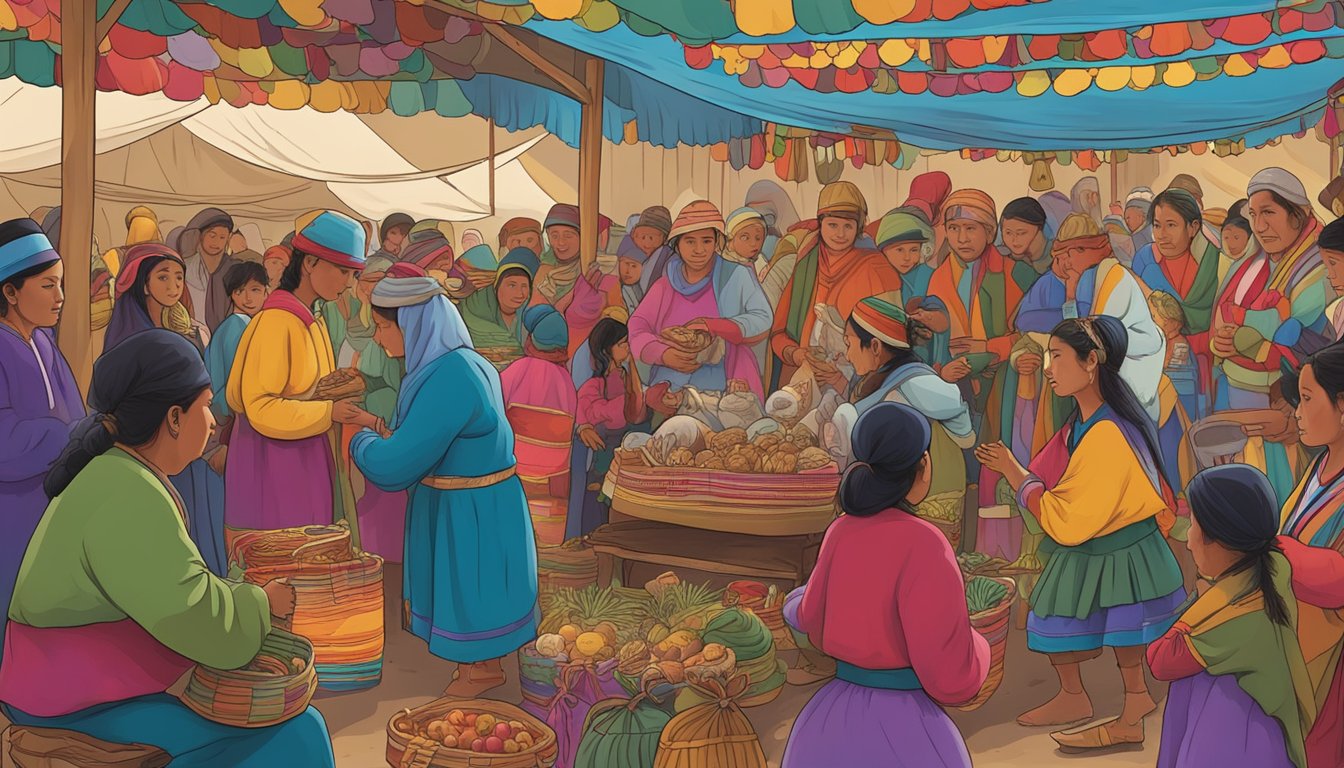 Colorful market stalls sell traditional Bolivian Christmas crafts. A crowd gathers around a nativity scene, while dancers perform traditional Andean dances