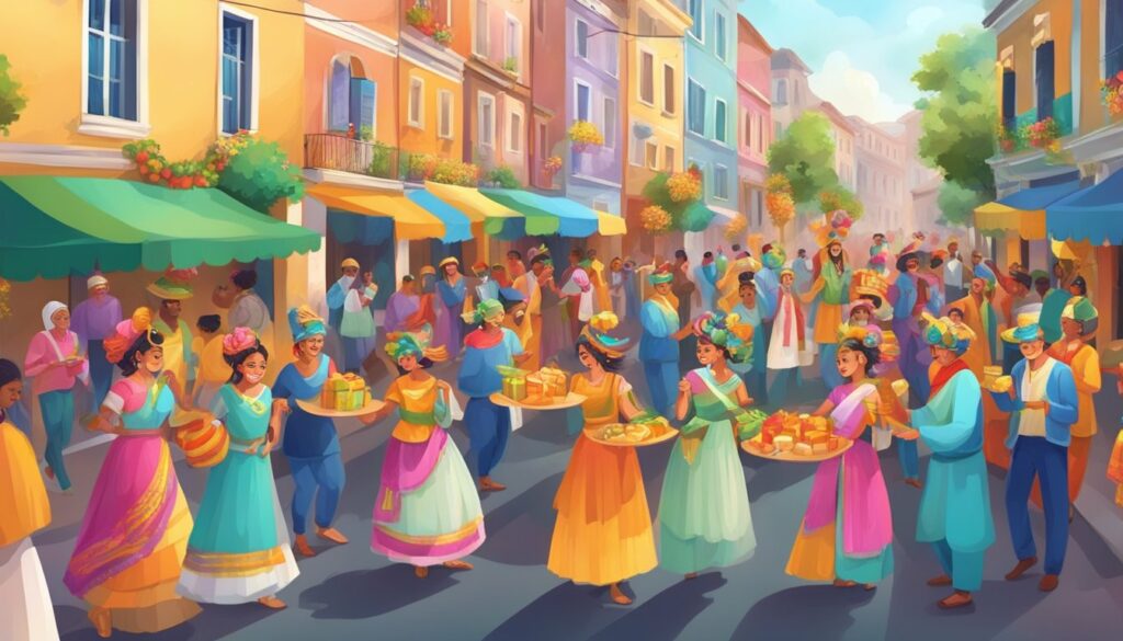 Colorful street parade with traditional music and dance, people wearing vibrant costumes and masks, exchanging gifts and enjoying festive food and drinks