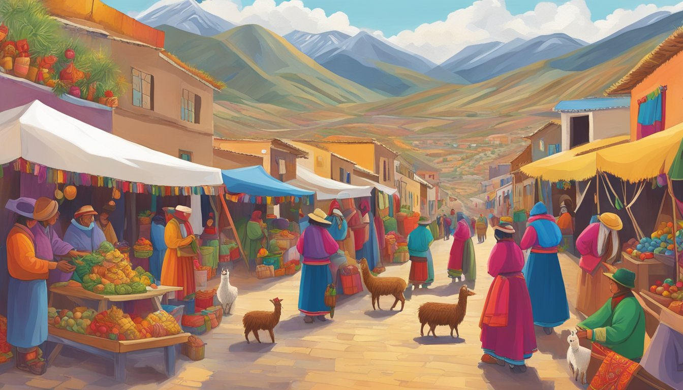 Bolivian Christmas: traditional Andean textiles, colorful market stalls, festive music, and a nativity scene with llamas