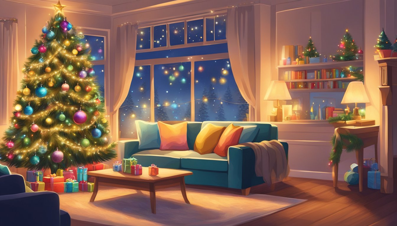 A cozy living room adorned with colorful Christmas decorations, including a sparkling tree, festive garlands, and twinkling lights, creating a warm and inviting holiday atmosphere