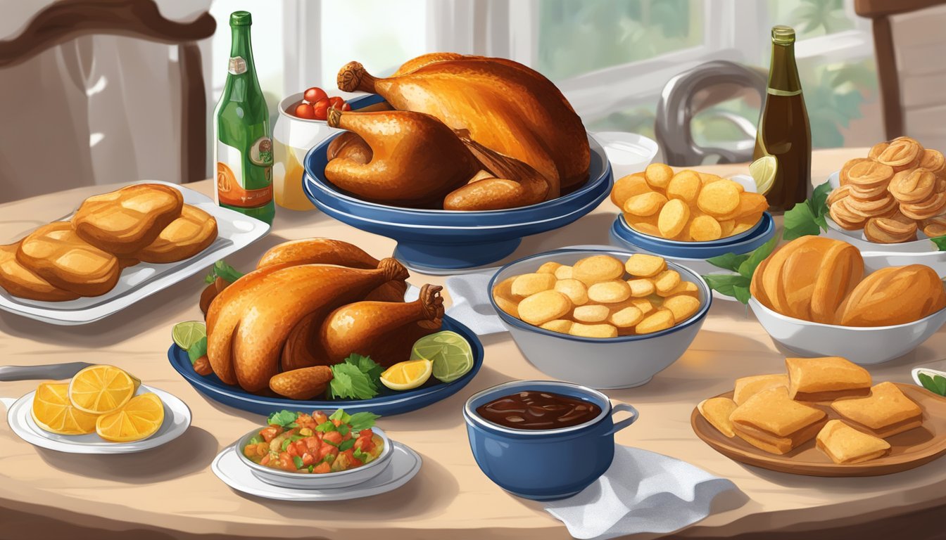 A table set with Chilean Christmas dishes: roasted turkey, pan de Pascua, sopaipillas, and cola de mono. Festive decorations in the background