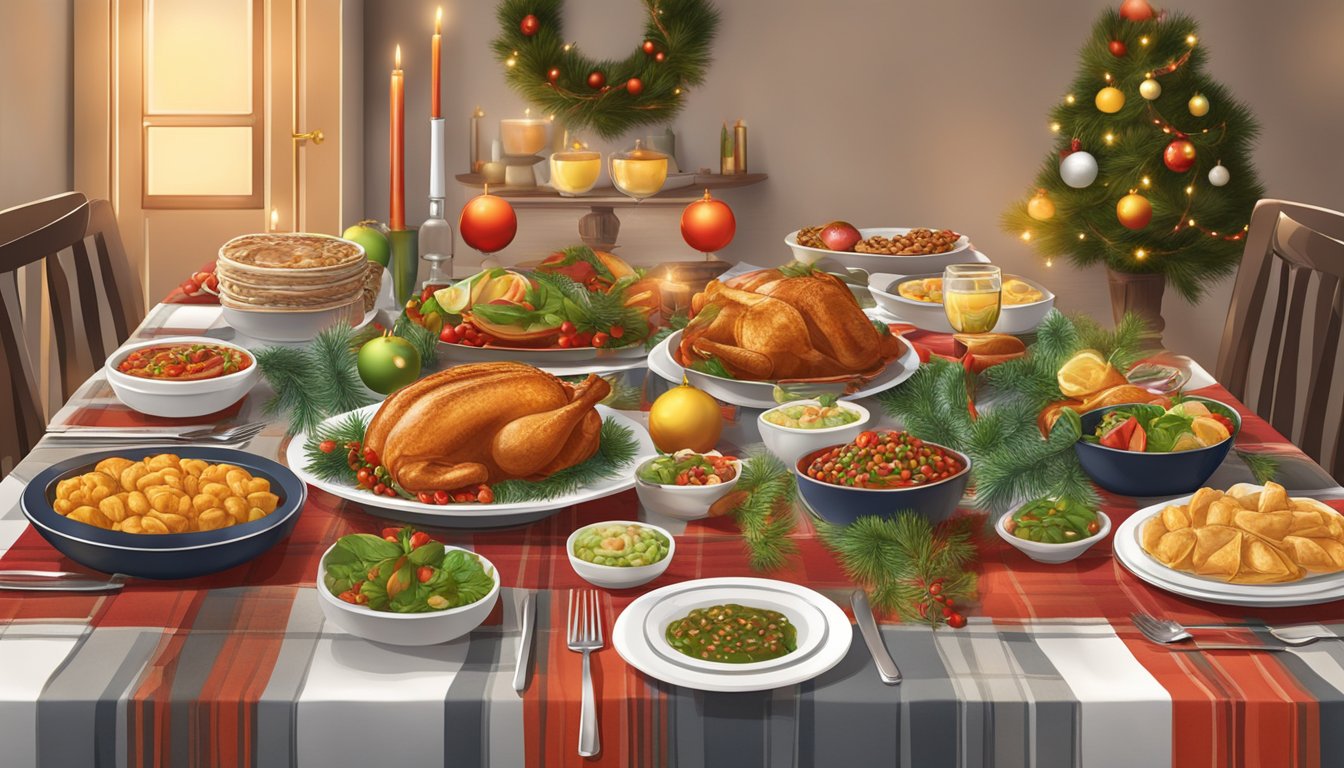 A traditional Chile Christmas meal laid out on the table. Consisting of Chicken, vegetables and other foods.