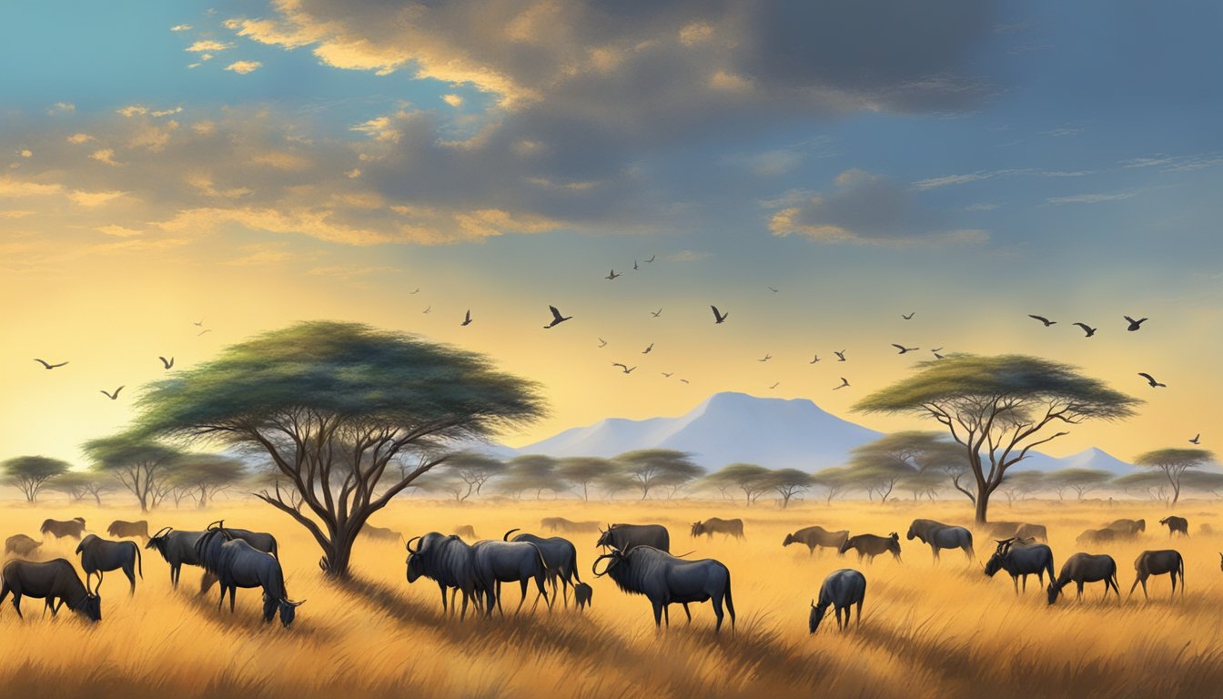 A sun-drenched landscape in Botswana with scattered acacia trees and a group of colorful birds perched on the branches, while a small herd of wildebeest grazes in the distance