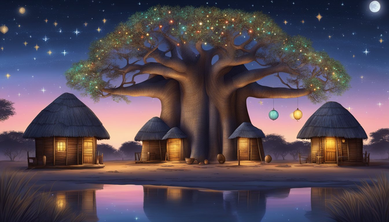 A baobab tree adorned with colorful ornaments, surrounded by traditional Botswana huts, under a starry night sky