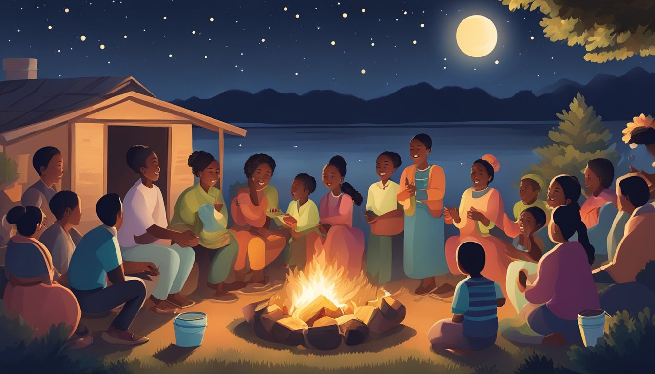 Families gather around a fire, singing and dancing. Gifts are exchanged, and traditional foods like seswaa and samp are enjoyed. The night sky is filled with the sound of joyful celebration