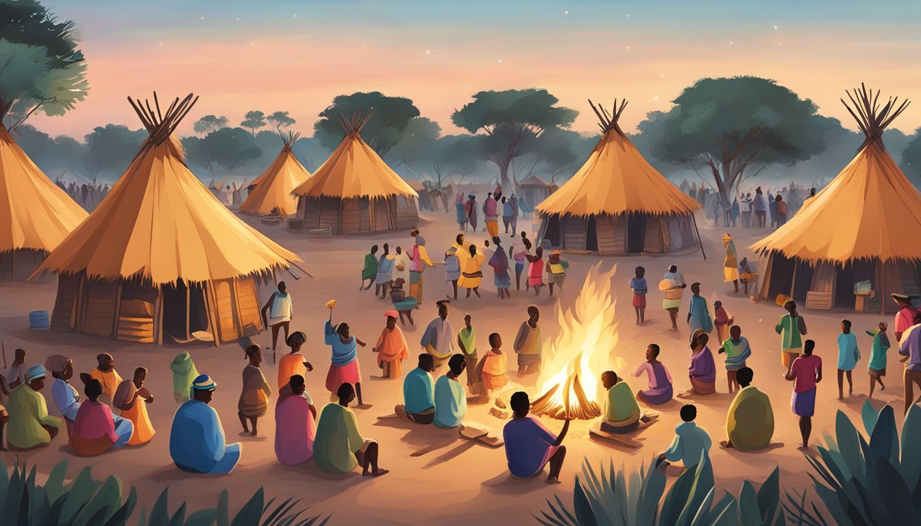 Colorful traditional huts adorned with festive decorations, while locals gather around a bonfire, singing and dancing to celebrate Christmas in Botswana