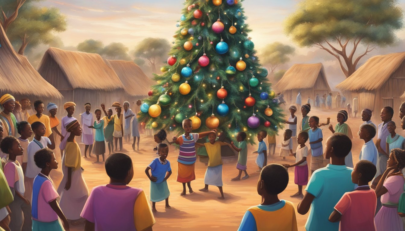 A festive Christmas tree adorned with colorful ornaments and twinkling lights stands in the center of a traditional Botswana village, surrounded by joyful villagers singing and dancing
