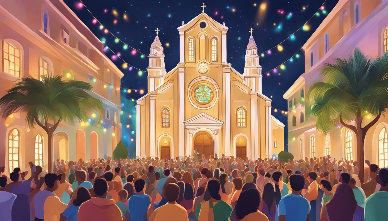 A church adorned with colorful lights, surrounded by people singing and dancing, as they celebrate Christmas in Brazil
