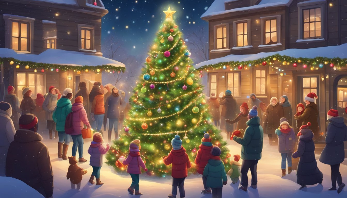 A festive Christmas tree adorned with colorful lights and ornaments, surrounded by joyful families and friends, with the sound of cheerful music and laughter filling the air