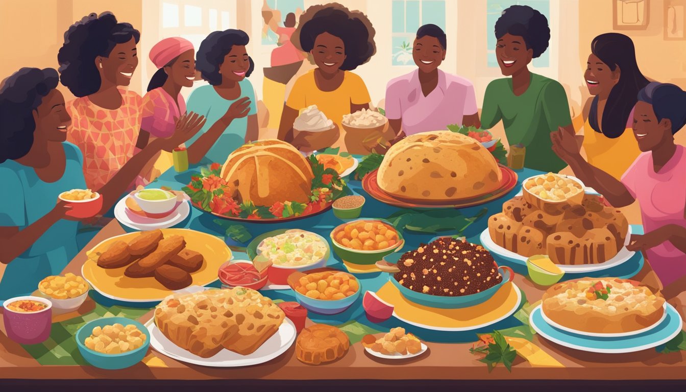 A table filled with colorful dishes, including traditional Brazilian Christmas foods like rabanadas, panettone, and farofa, surrounded by joyful people celebrating the holiday