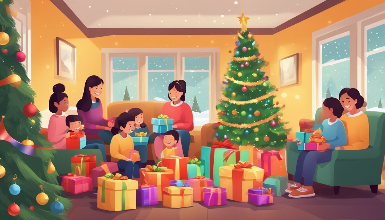 Families exchanging gifts under a brightly decorated Christmas tree, with colorful ribbons and wrapping paper strewn about. A joyful atmosphere with laughter and smiles all around