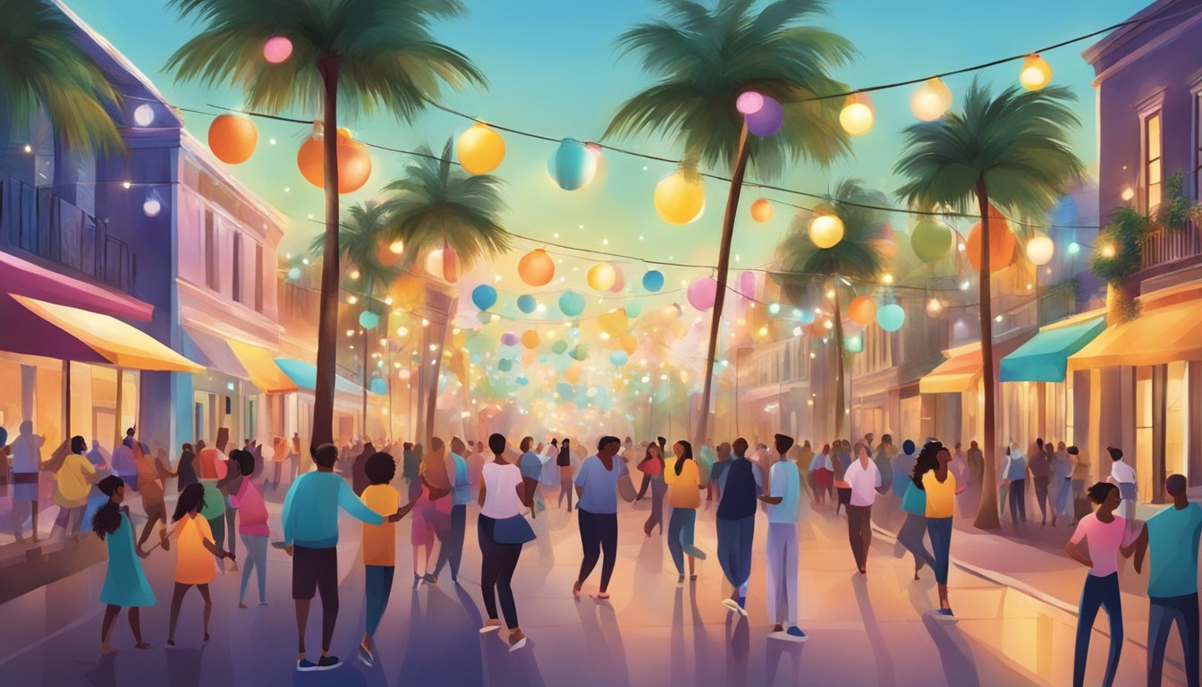 Colorful street decorations, palm trees with twinkling lights, and people celebrating outdoors with music and dancing