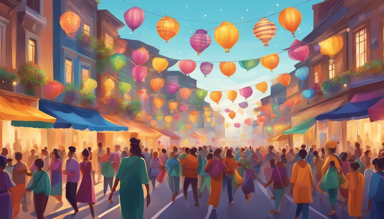 Colorful street procession with music, dance, and fireworks. People wearing vibrant costumes and masks, carrying lanterns and banners. Decorated homes and streets with lights and ornaments
