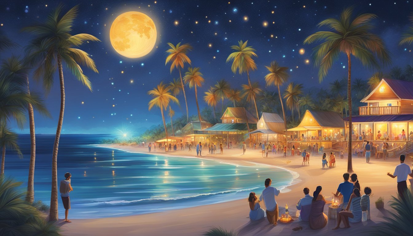 Colorful lights adorn palm trees, while locals gather on the beach, enjoying music and dancing under the starry sky. A large bonfire crackles in the sand, casting a warm glow over the festive scene