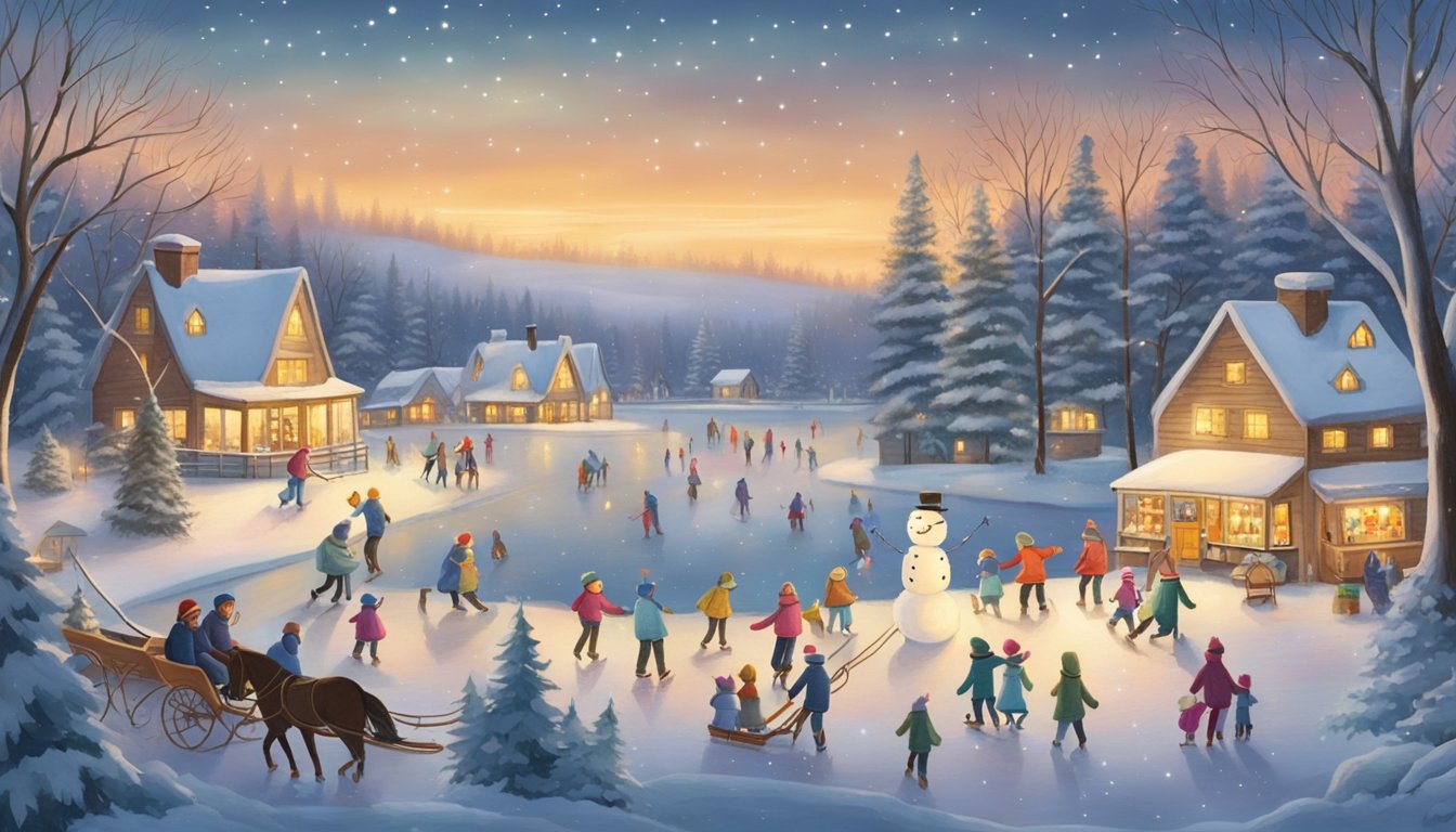Families ice skating on a frozen pond, surrounded by twinkling lights and snow-covered trees. A horse-drawn sleigh glides by, while children build snowmen and families gather around a crackling bonfire