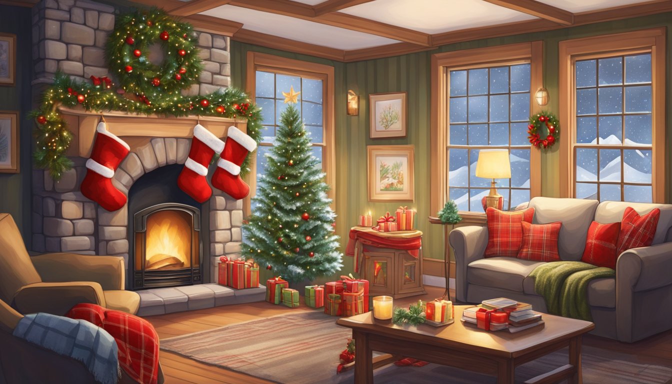 A cozy living room with a crackling fireplace, adorned with traditional Canadian Christmas decorations like maple leaf garlands and plaid stockings. Snowflakes fall outside the window, creating a festive winter wonderland