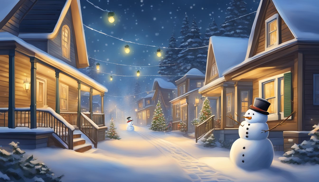 A snowy Canadian street lined with festive decorations and twinkling lights, with a cozy house in the background and a snowman in the front yard