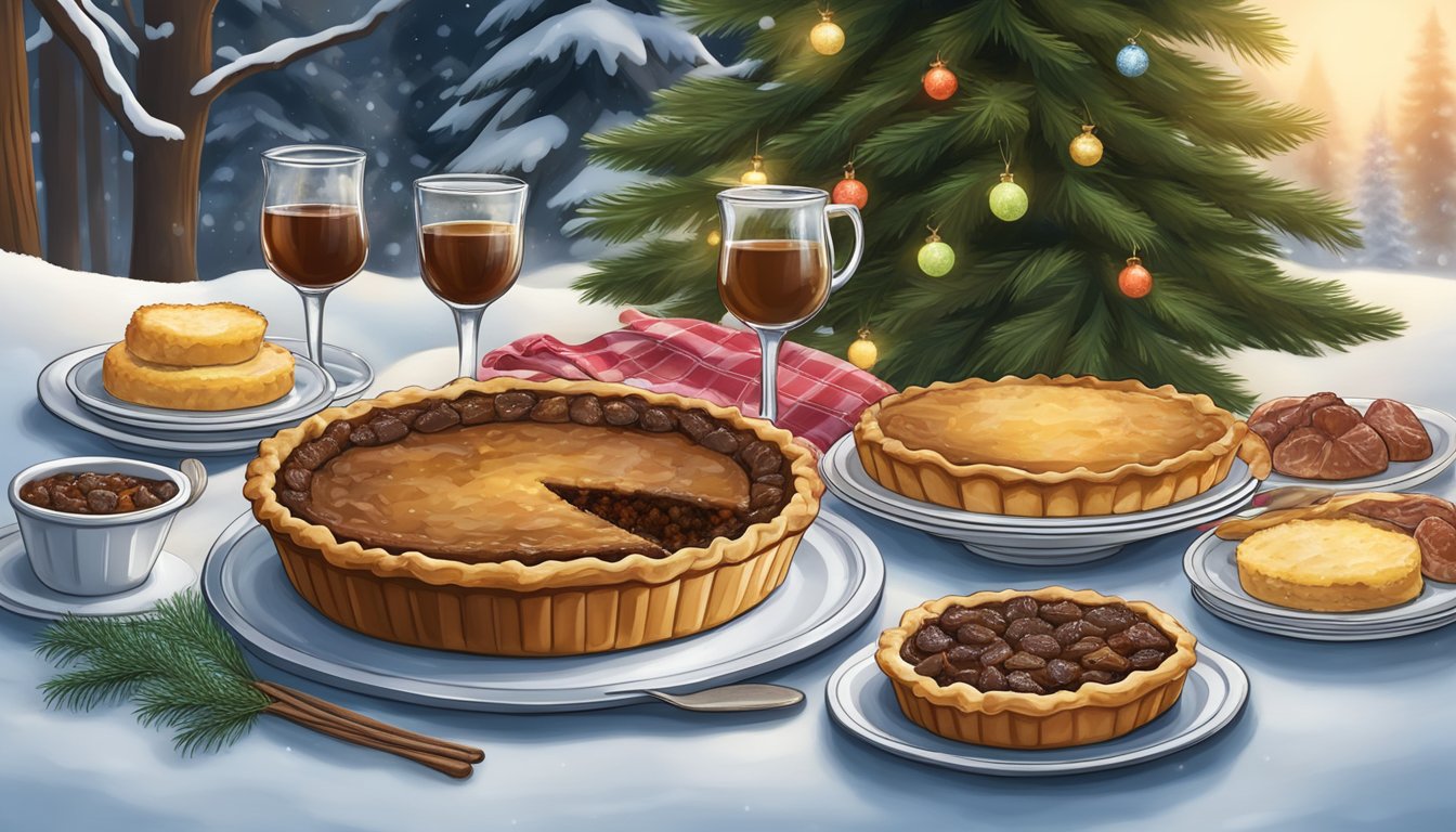 A festive table set with traditional Canadian Christmas dishes, including tourtière, butter tarts, and maple-glazed ham, surrounded by snow-covered evergreen trees