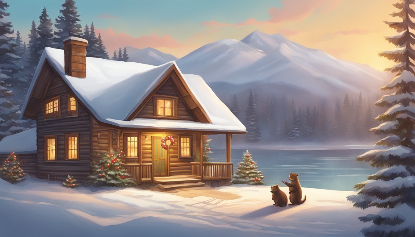 A snow-covered maple leaf, a red plaid scarf, and a beaver holding a candy cane in front of a snowy cabin