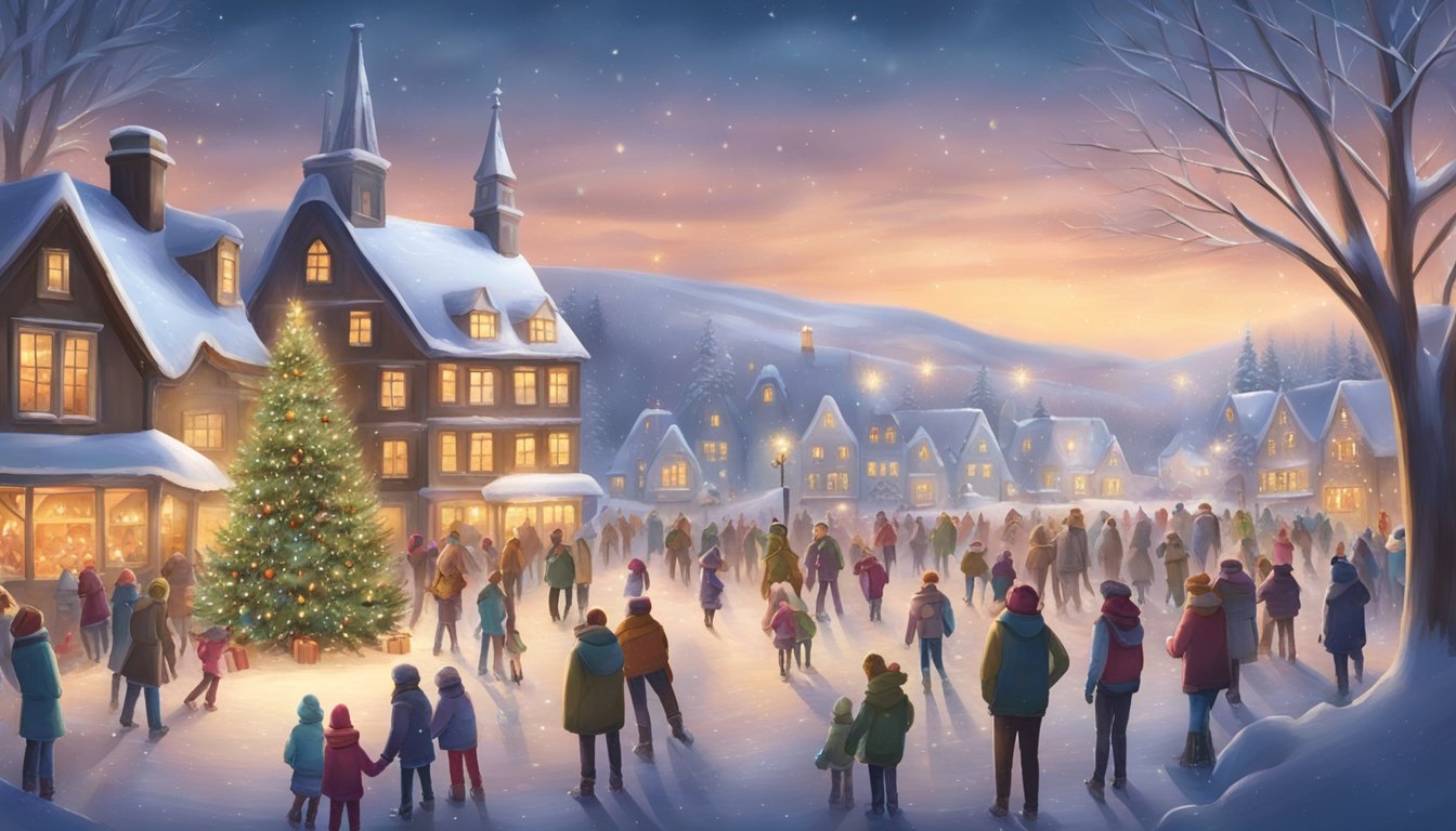 Snow-covered village with decorated houses, twinkling lights, and a towering Christmas tree. People ice skating on a frozen pond, while others gather around a crackling bonfire