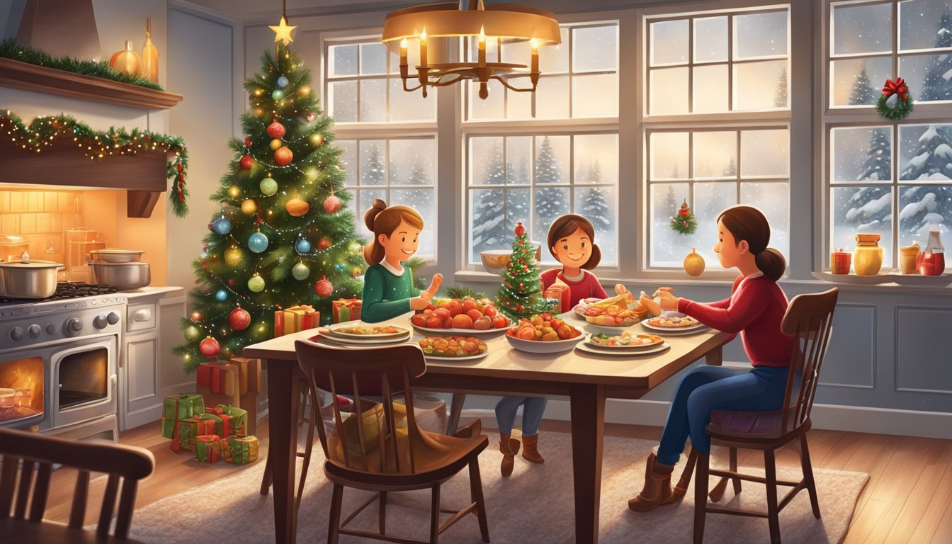 A family decorates a Christmas tree with ornaments and lights, while a table is set with traditional Canadian holiday dishes. Snow falls outside the window, creating a cozy and festive atmosphere