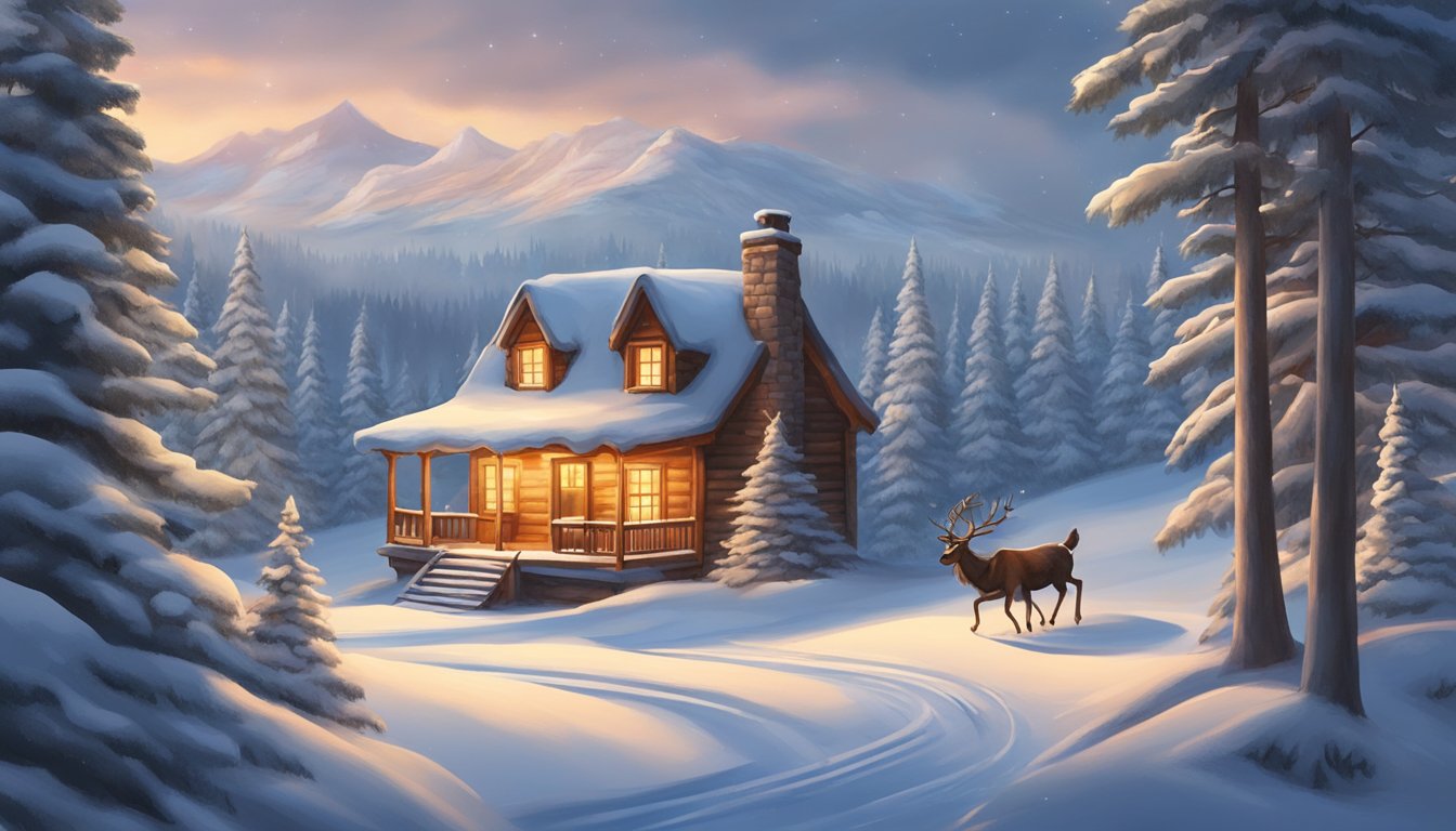 Snow-covered pine trees, a cozy cabin with smoke rising from the chimney, and a red sleigh pulled by reindeer in a winter wonderland