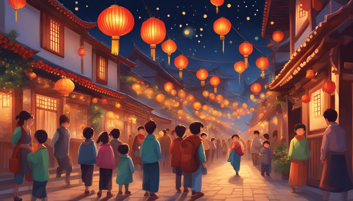 Festive lanterns light up streets. Families gather for feasts. Fireworks illuminate the night sky. Red decorations adorn homes. A dragon dance captivates onlookers