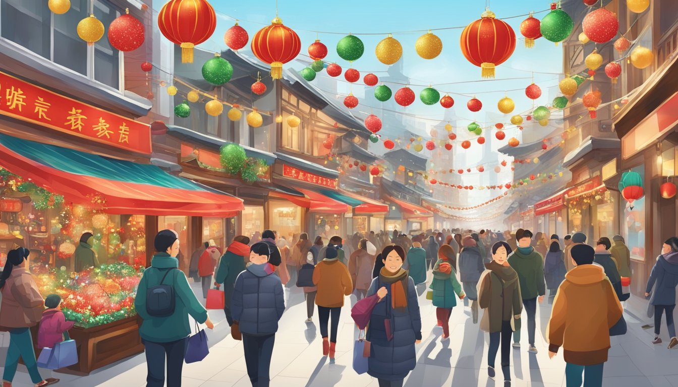 A bustling Chinese city street adorned with colorful Christmas decorations and bustling with shoppers
