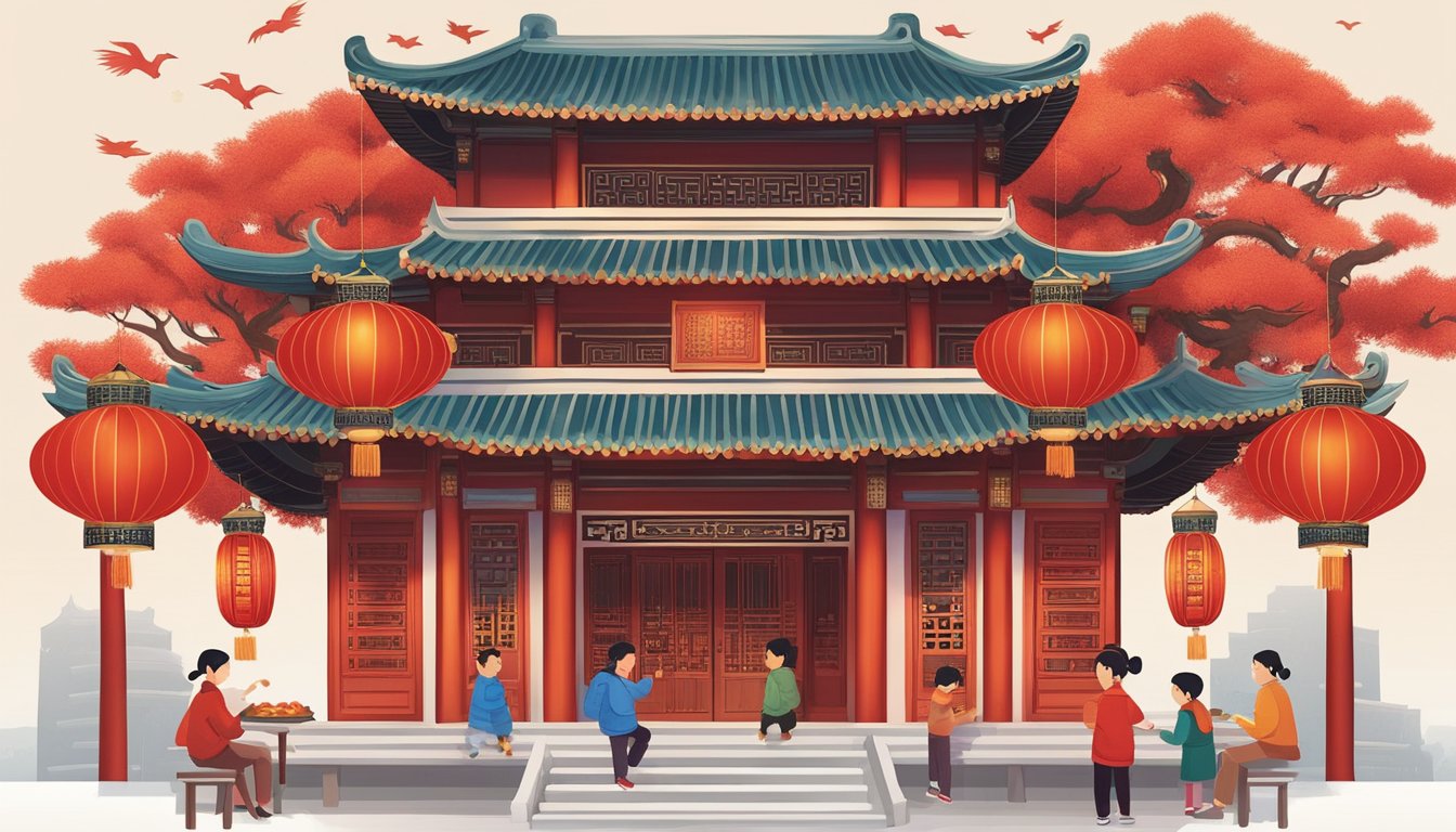 Vibrant red lanterns hang from traditional Chinese architecture, adorned with intricate paper cutouts of dragons and phoenixes. A group of children joyfully plays with handmade paper ornaments, while families gather to share festive meals