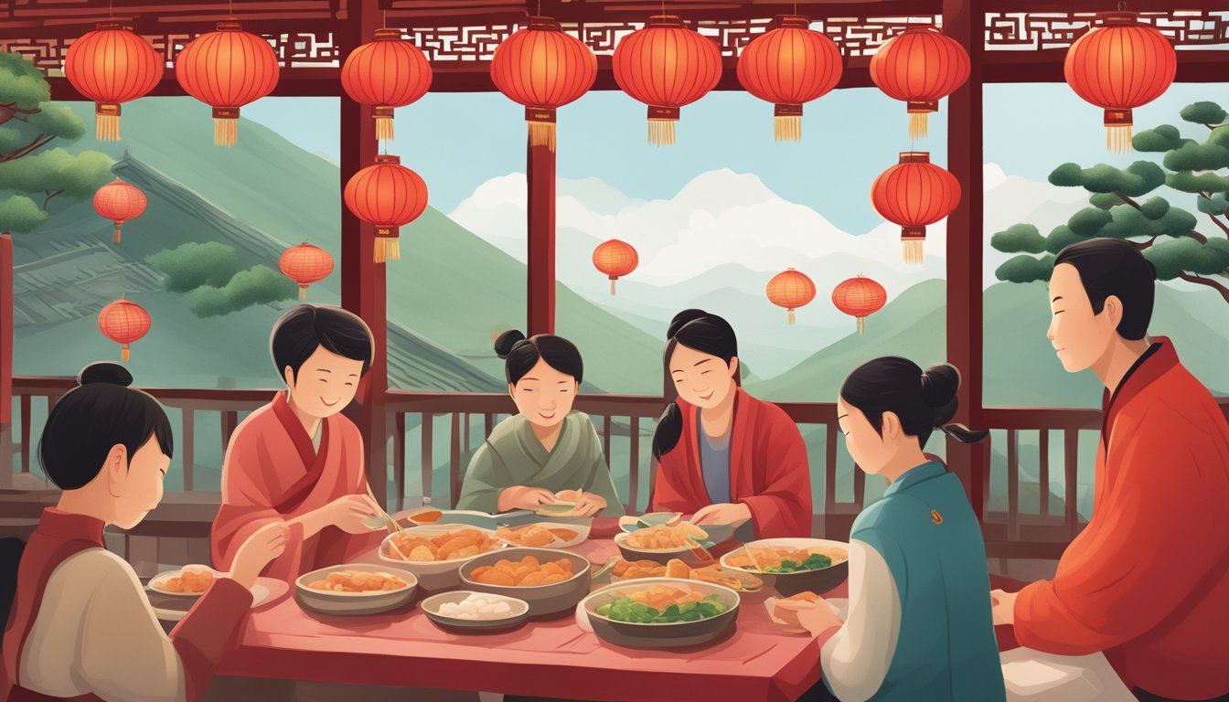 Vibrant red lanterns hanging from eaves, intricate paper cutouts adorning windows, and families gathering around a table filled with steaming dumplings and sweet rice cakes