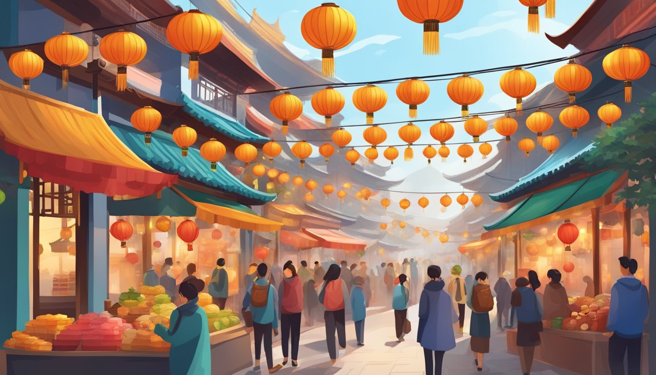 Colorful lanterns hang in the streets, adorned with festive decorations. People gather in bustling markets, exchanging gifts and enjoying traditional Chinese holiday treats