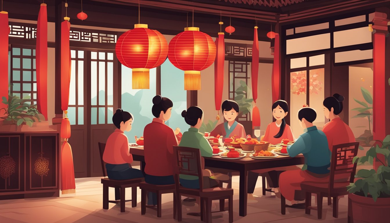A traditional Chinese home adorned with red lanterns and paper cut decorations, with a family gathering around a table to enjoy a festive meal