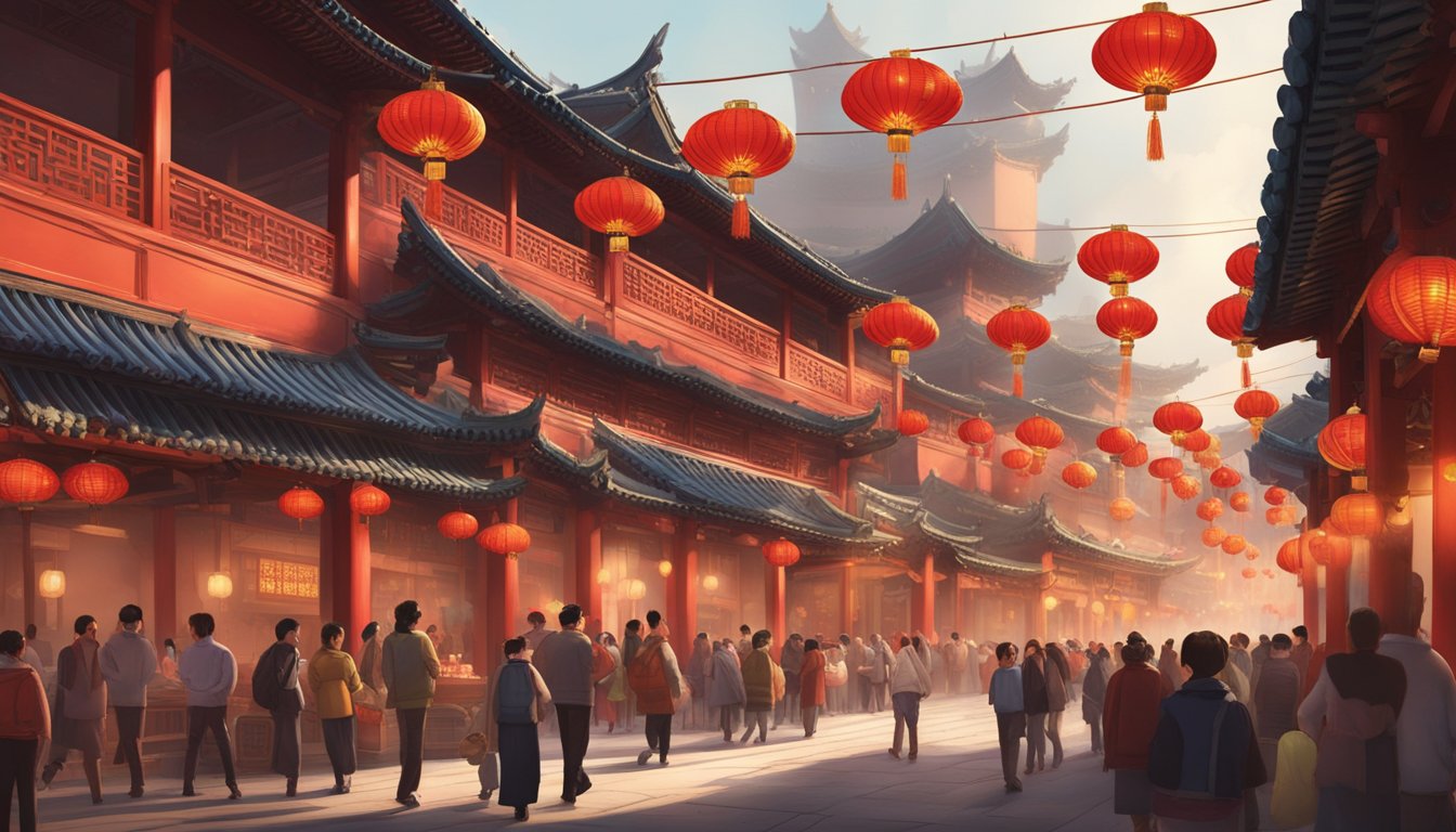 Festive red lanterns hang from traditional Chinese architecture, casting warm glows on bustling streets. A dragon dance winds through the crowd, while families gather for a feast of dumplings and steamed buns