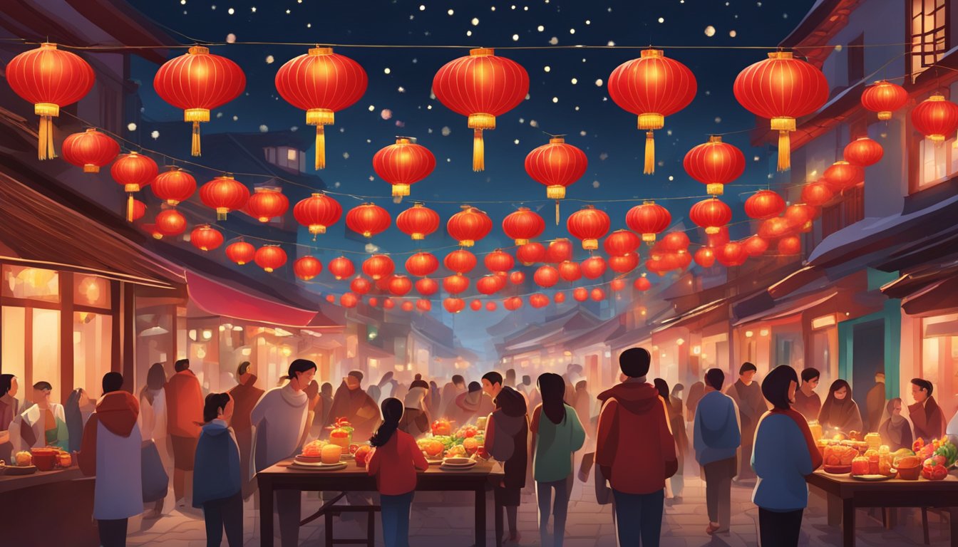Festive red lanterns hang above bustling streets, while families gather for traditional meals and exchange gifts in the glow of colorful decorations