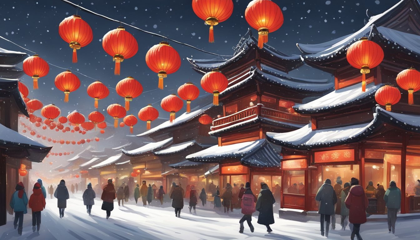Traditional red lanterns hang from eaves, illuminating bustling streets filled with people shopping for gifts. Snowflakes gently fall, covering pagodas and rooftops in a serene white blanket