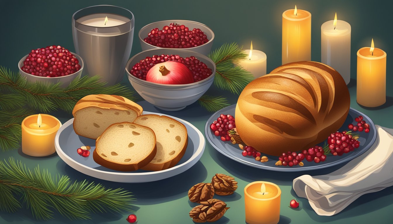 A table set with a round loaf of bread, a dish of honey, a bowl of walnuts, and a pomegranate, all surrounded by lit candles and evergreen branches